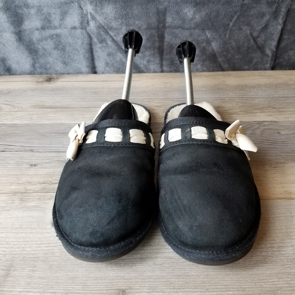 Ugg Suede Ribbon Bow Faux Fur Lined Slip On Scuff Slippers - Picture 3 of 10